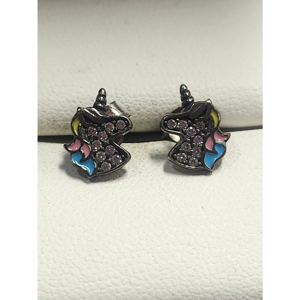 Sterling Silver Unicorn Stud Earrings with Pastel Enamel & Clear Rhinestones